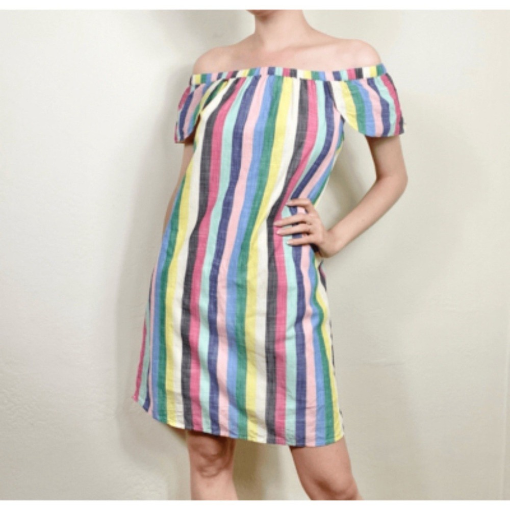 J. Crew Rainbow Stripe Off the Shoulder Flutter Sleeve Summer Shift Size 14